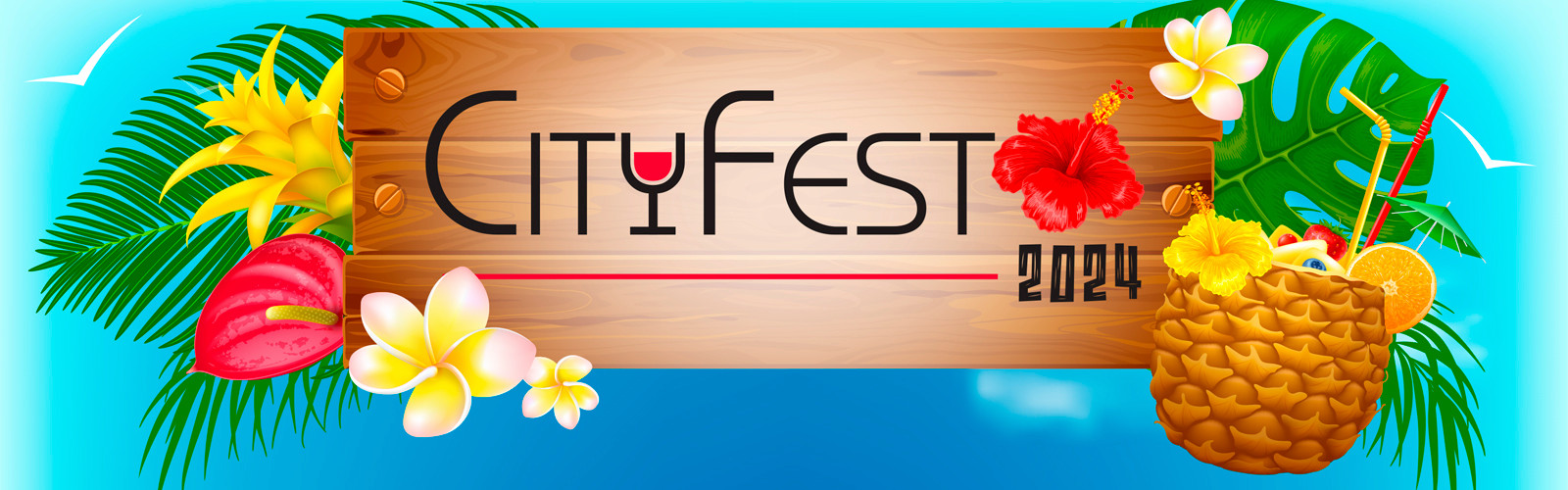 CityFest 2024 graphic includes tropical flowers and a pineapple drink
