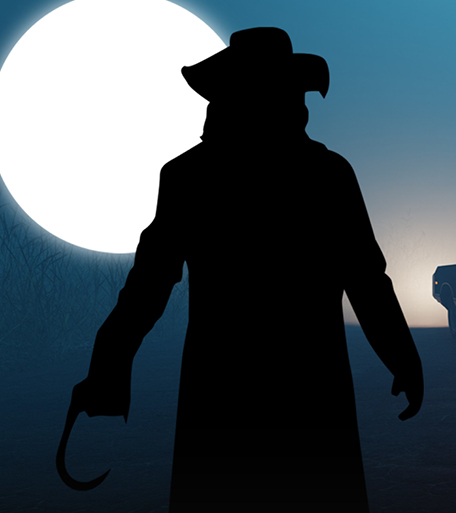 shadow of a man in an overcoat and hat holding a hook in his left hand