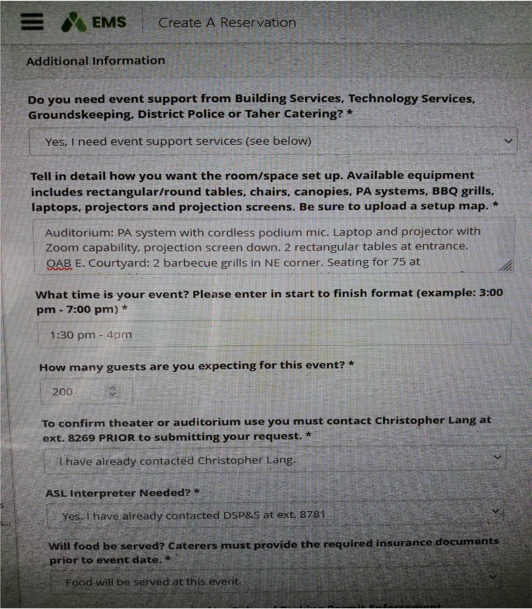 screenshot of additional information form