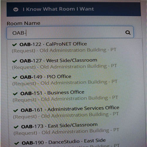screenshot of typing OAB- to find rooms