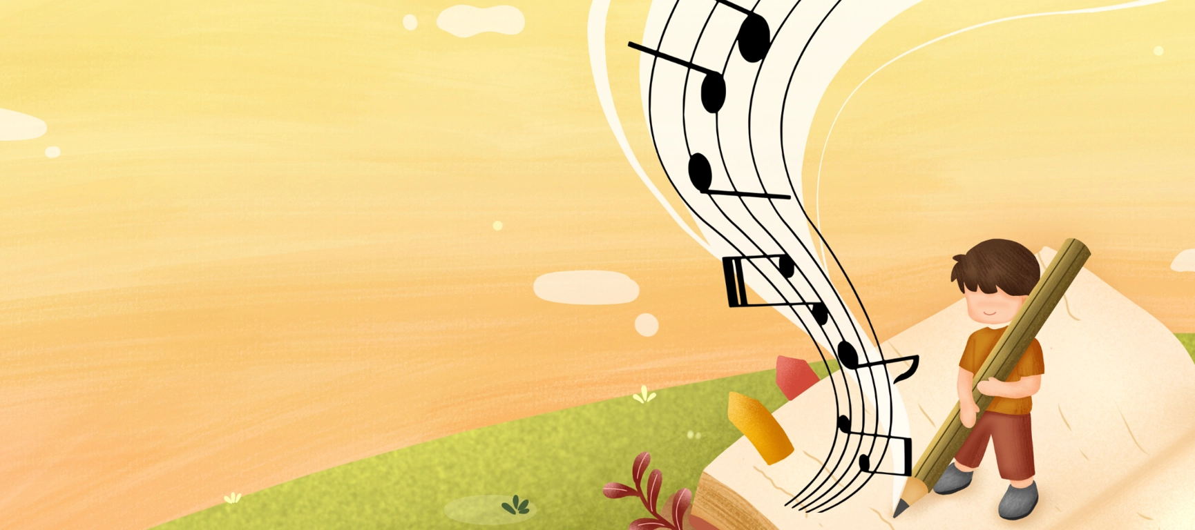 Music notes flying through landscape