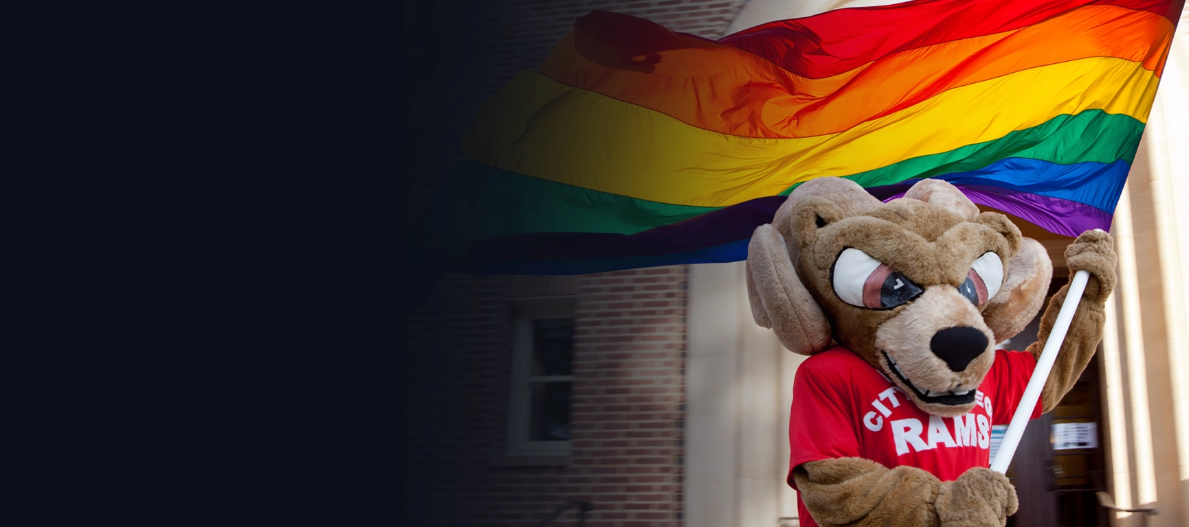 Sam the Ram with Pride flag