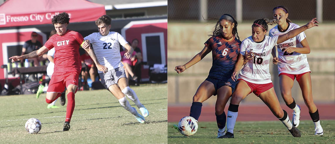 men's soccer on the left, women's soccer on the right.  Both chasing ball.