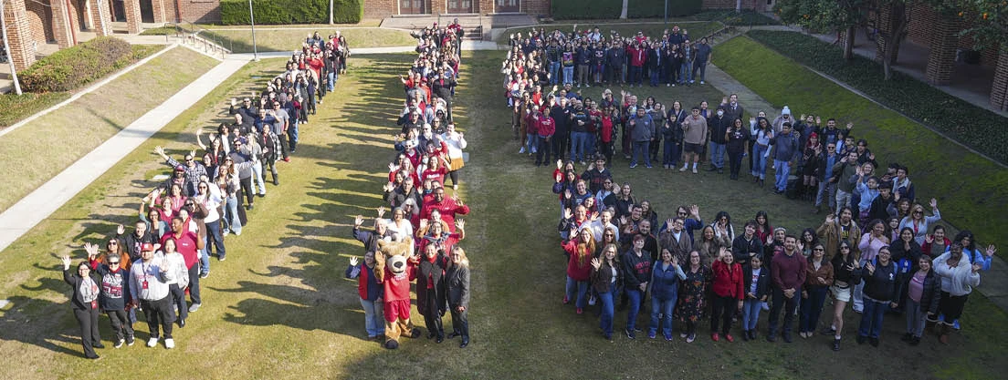 Staff line up to form 115 in courtyard