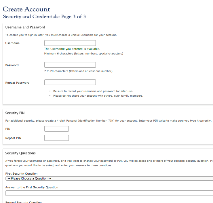 Create username and password