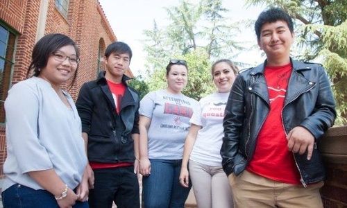 Students in front of the library