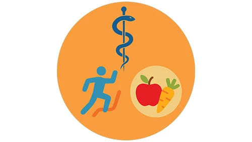 Healthcare staff, person running, and food and nutrition icons