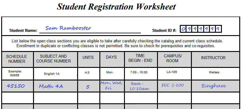 Student Registration Worksheet