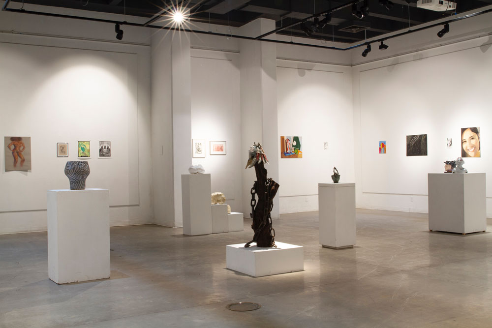Exhibition installation view of the 2020 student exhibition, showing artworks including sculpture, drawing, and painting inside Art Space Gallery.