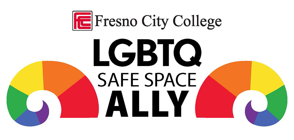 A pair of rainbow-colored ram horns frame the words Fresno City College Safe Space Ally