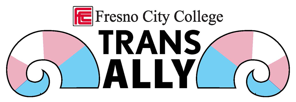 A pair of ram horns colored pink, blue, and white frame the words Fresno City College Trans Ally