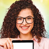 Image of woman holding screen