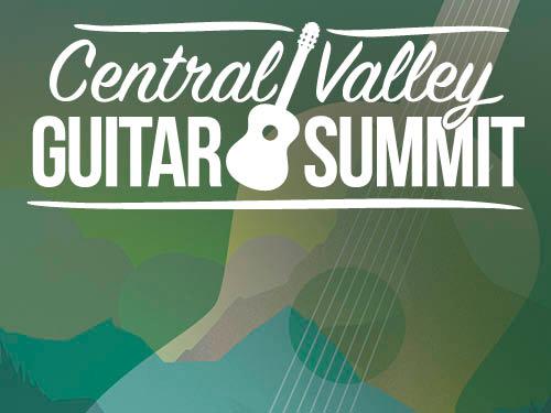 Green and blue background with a brown guitar. In the front are the words Central Valley Guitar Summit in white.