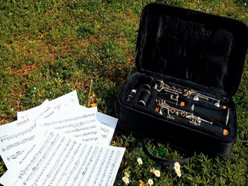 three pictures of students with instruments