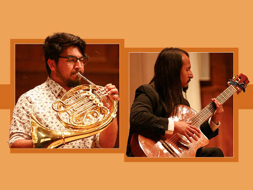 Two students playing instruments