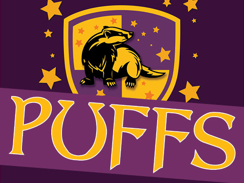Purple and Gold flag that reads Puffs