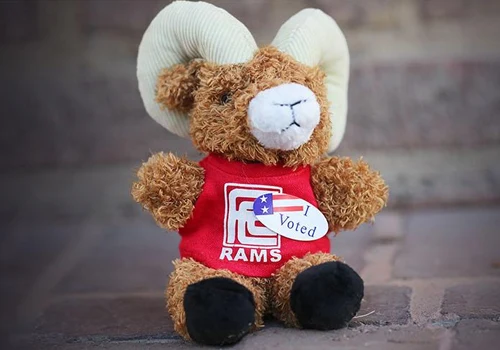 Sam the Ram with "I voted" sticker