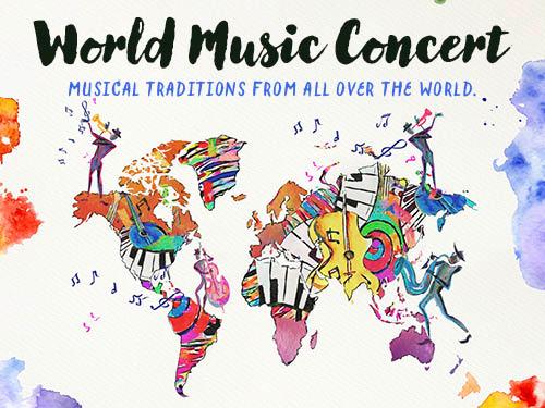 colorful map of world with musicians