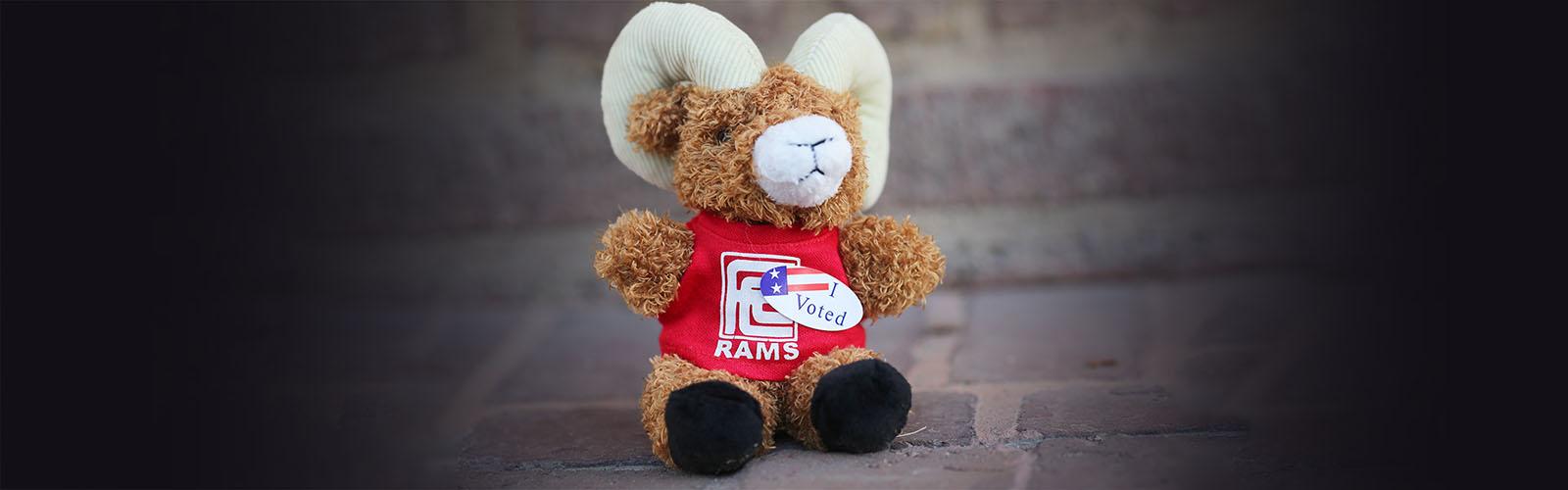 Sam the Ram mascot with I Voted sticker