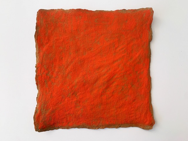 tightly cropped image of an irregular square shaped artwork painted in bright orange oil paint, with visible brushstrokes. 