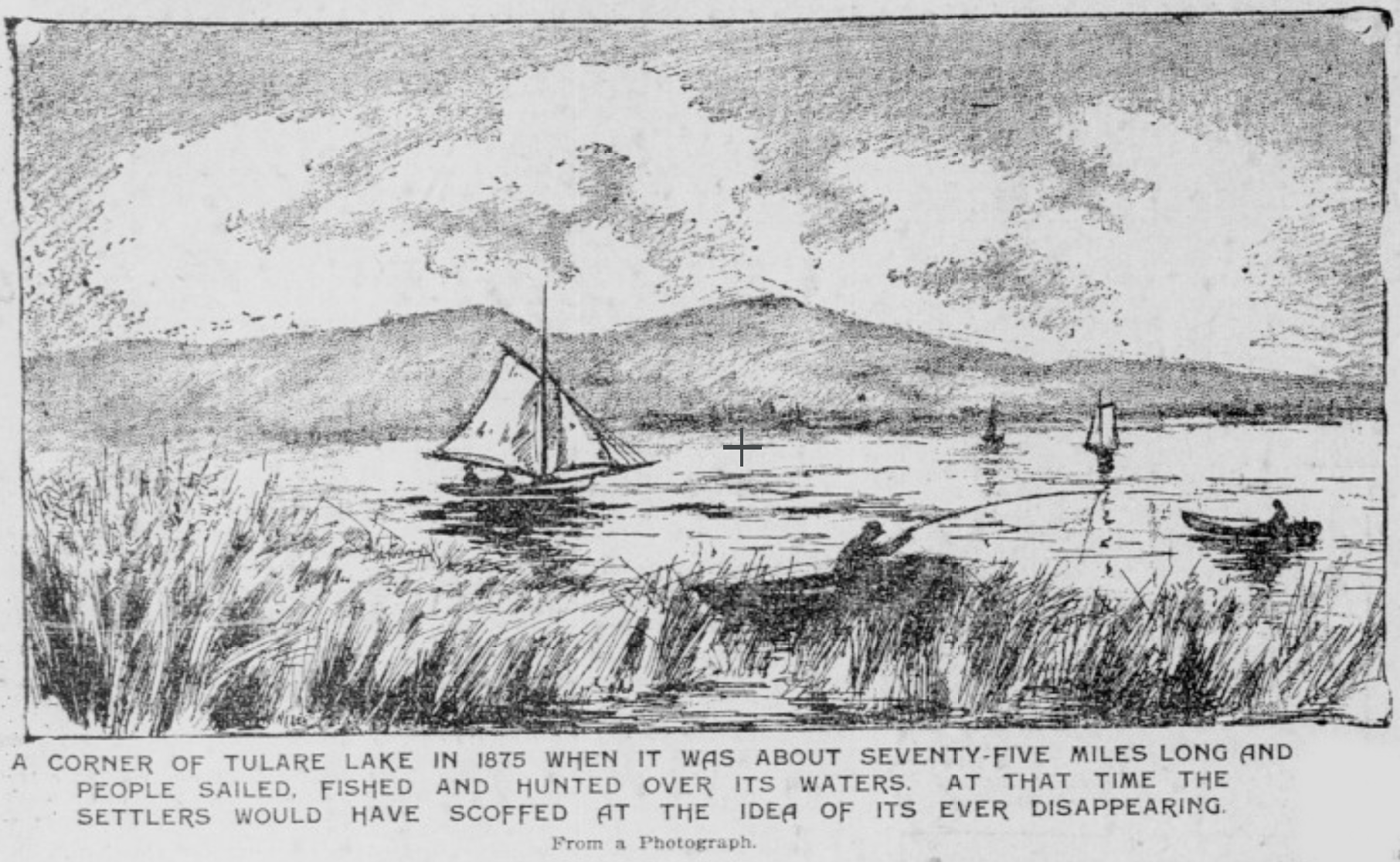 Drawing of a view of Tulare Lake in 1875, depicting boats sailing. 