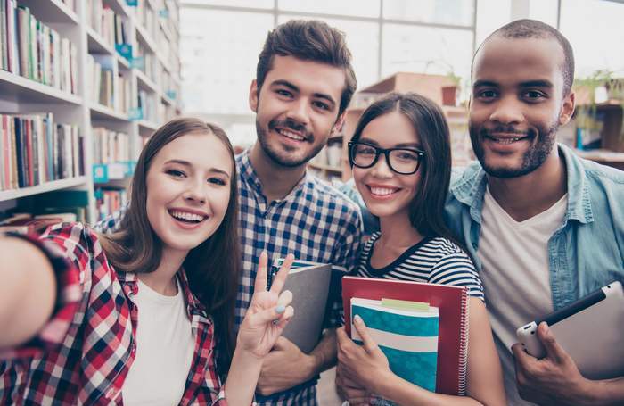 students in library